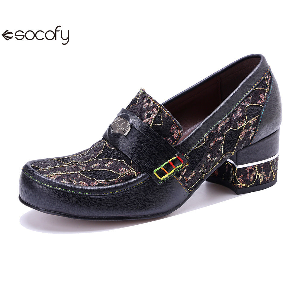 Socofy Leather Patchwork Comfortable Chunky Heeled Loafers Shoes