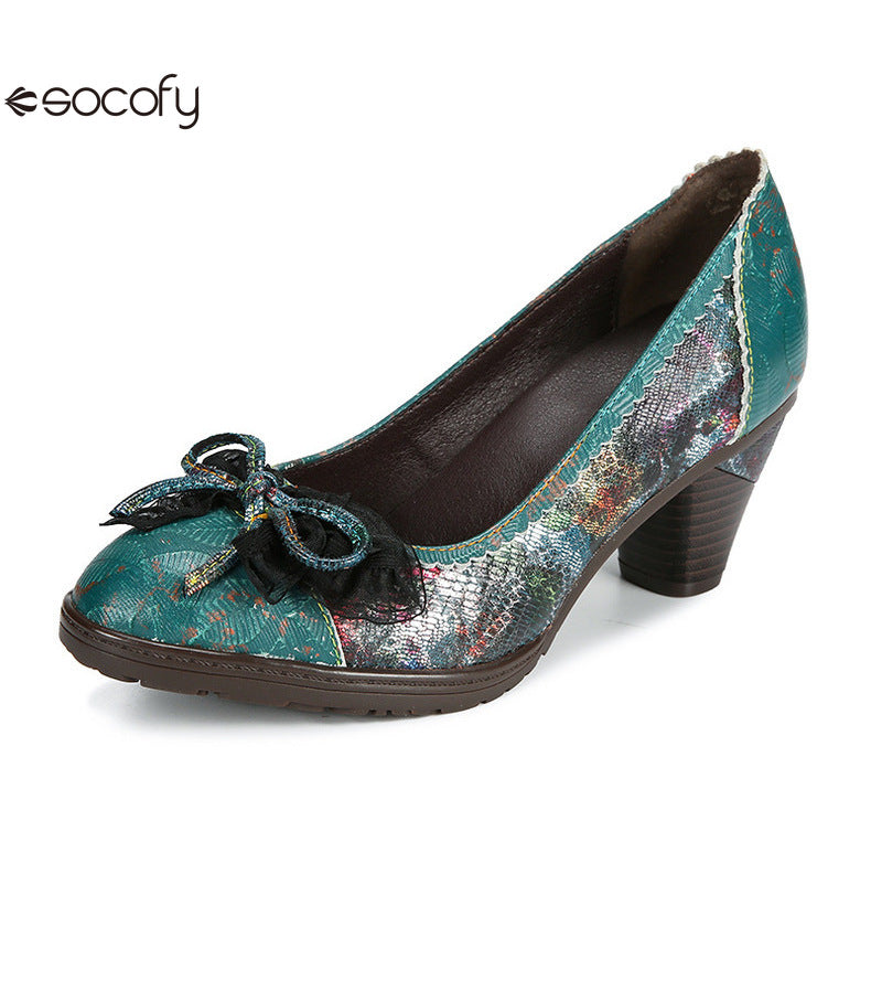 Socofy Vicconfy Genuine Leather Bow High Heels Shoes