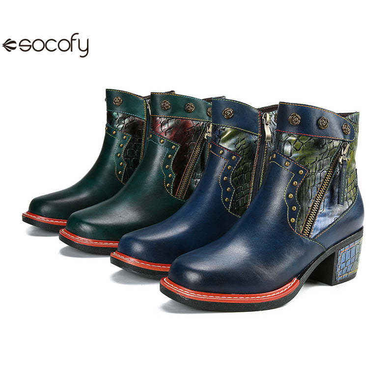 Socofy Vicconfy Women's Martin Boots Leather Patchwork Ethnic Vintage Short Boots