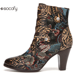 Socofy Vintage Pointed Embroidered Flowers Women's Fashion Boots