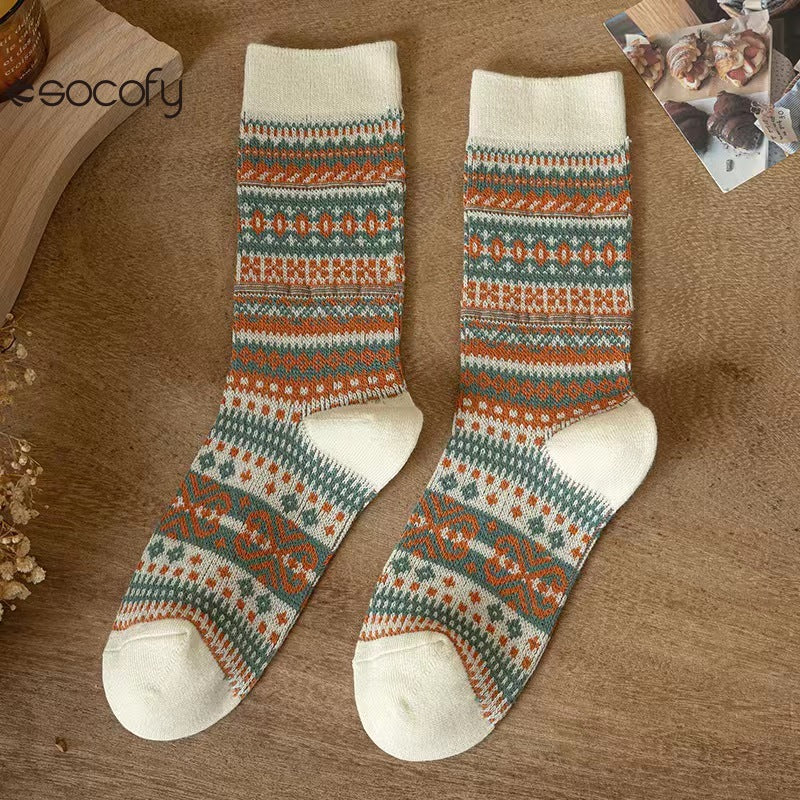 Socofy Vicconfy Mid-calf Socks Vintage Ethnic Striped Cotton Socks