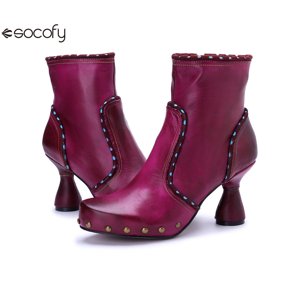 Socofy Vicconfy Handmade Leather Chic Color Ankle Boots