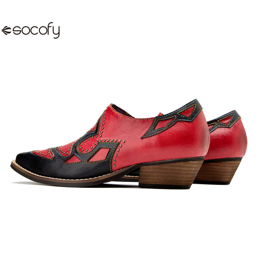 Socofy Genuine Leather Retro Round Rivet Deco Shallow Flat Shoes