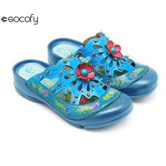 Socofy Genuine leather hand-rubbed vintage casual three-dimensional flower hollow comfortable shoes