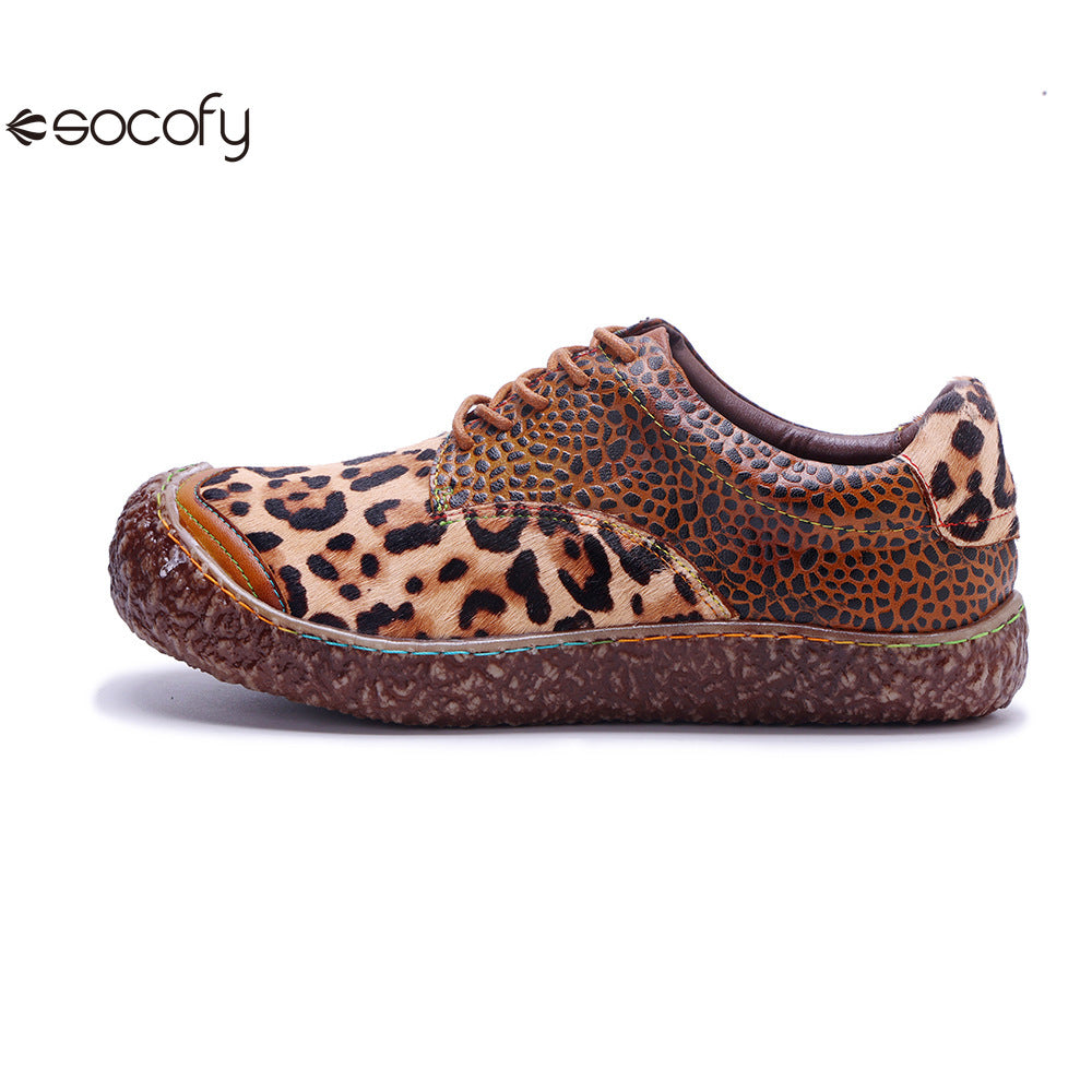 Socofy Vicconfy Genuine Leather Handmade Leopard Print Casual Comfort Loafers