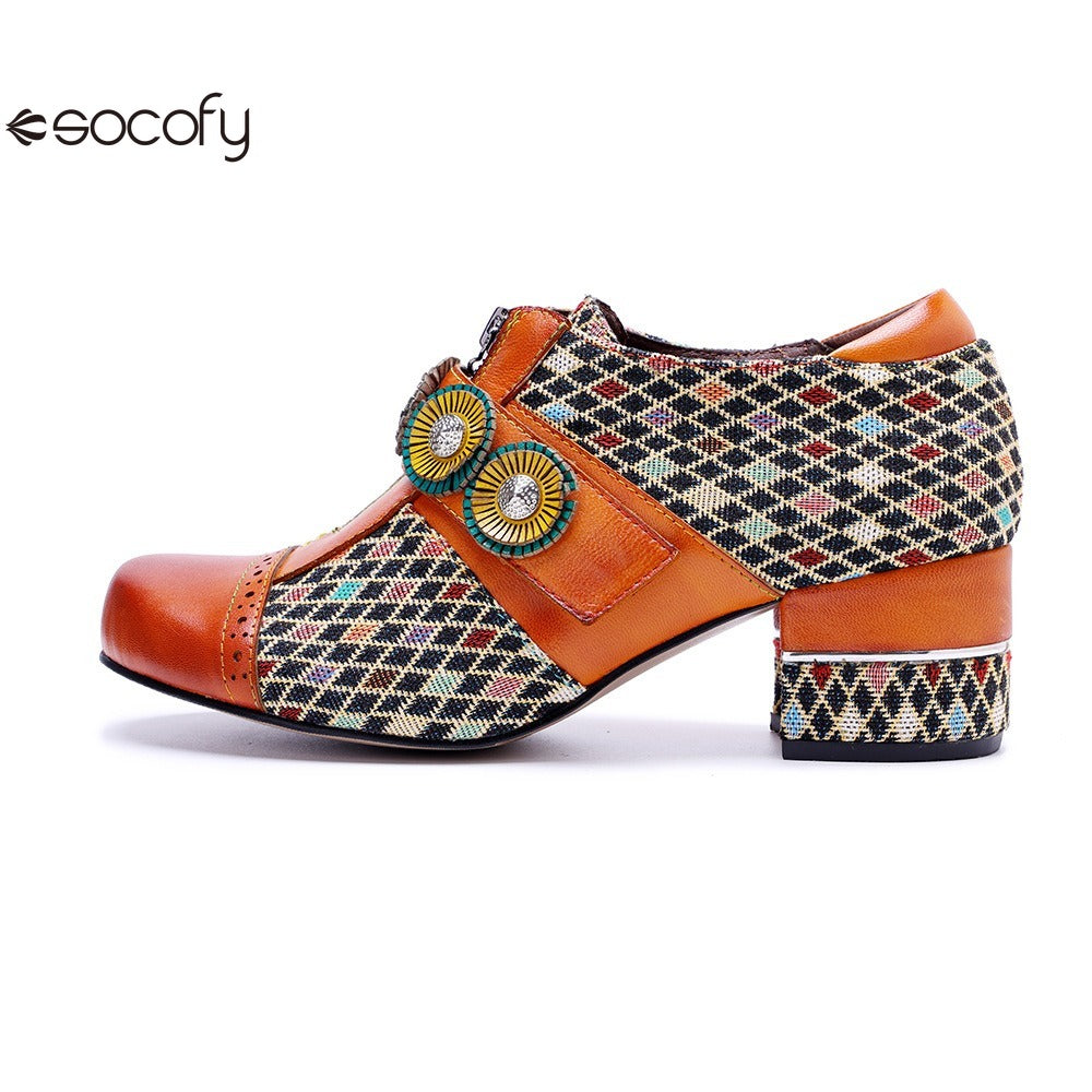 Socofy Genuine leather vintage plaid three-dimensional flowers pumps