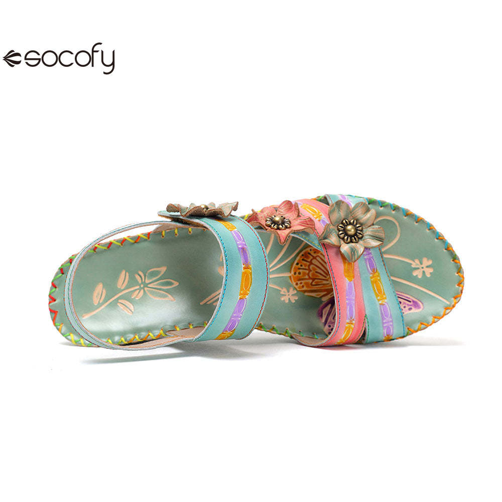 Socofy Vicconfy Genunie Leather Floral Handmade Women's Sandals