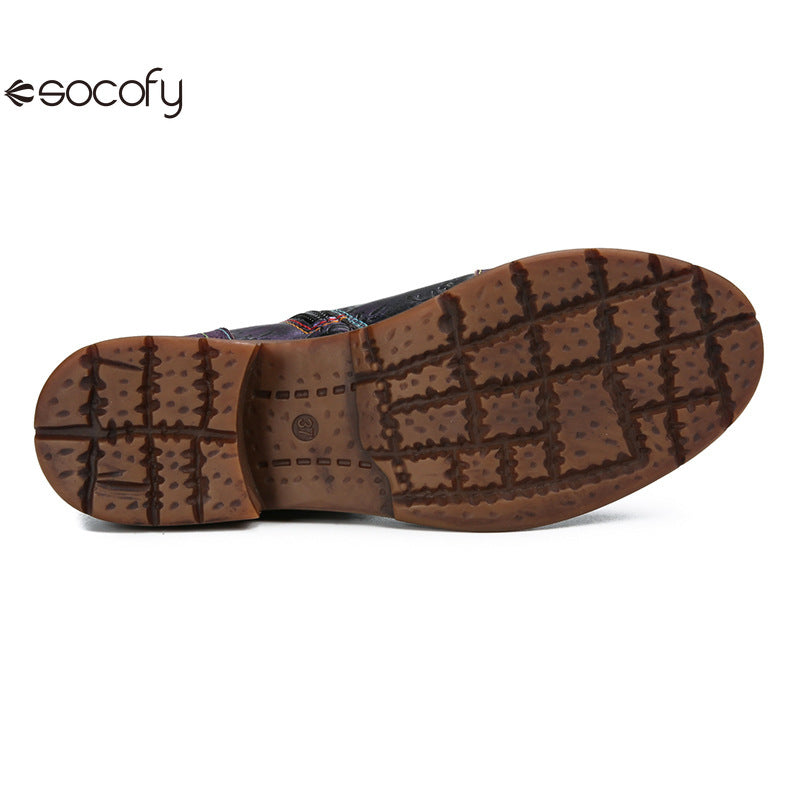 Socofy Vicconfy Genuine Leather Ethnic Vintage Rivet Belt Buckle Boots