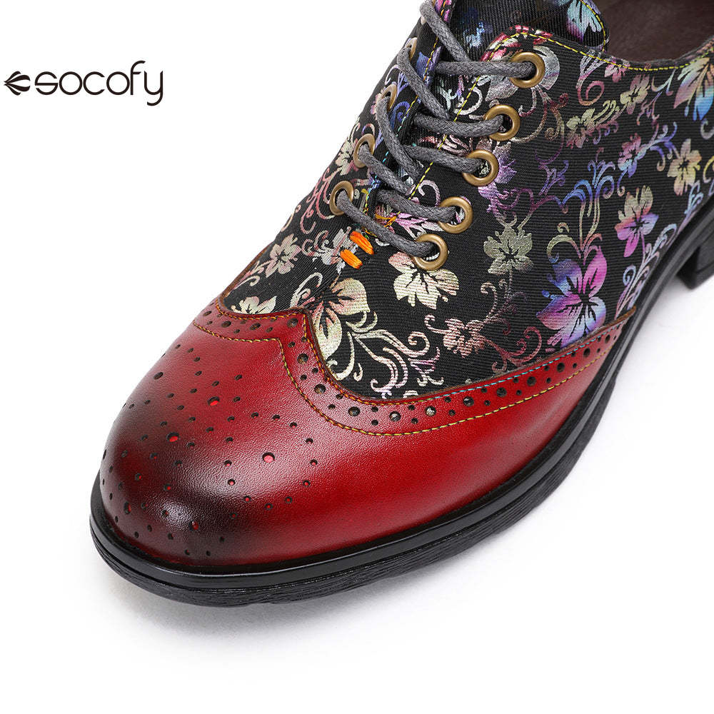 Socofy Ethnic style flower retro cowhide casual women's shoes