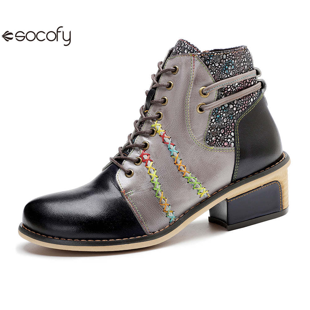 Socofy Vicconfy Handmade Leather Scuffed Vintage Women's Boots