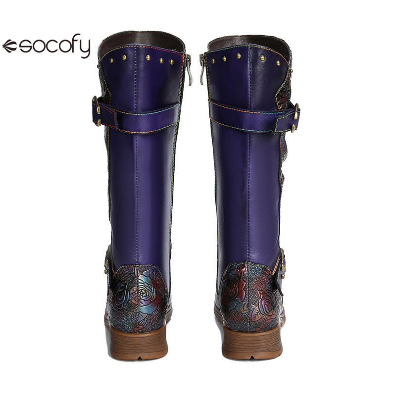 Socofy Vicconfy Side Zipper Vintage Floral Flat Heel Long Boots