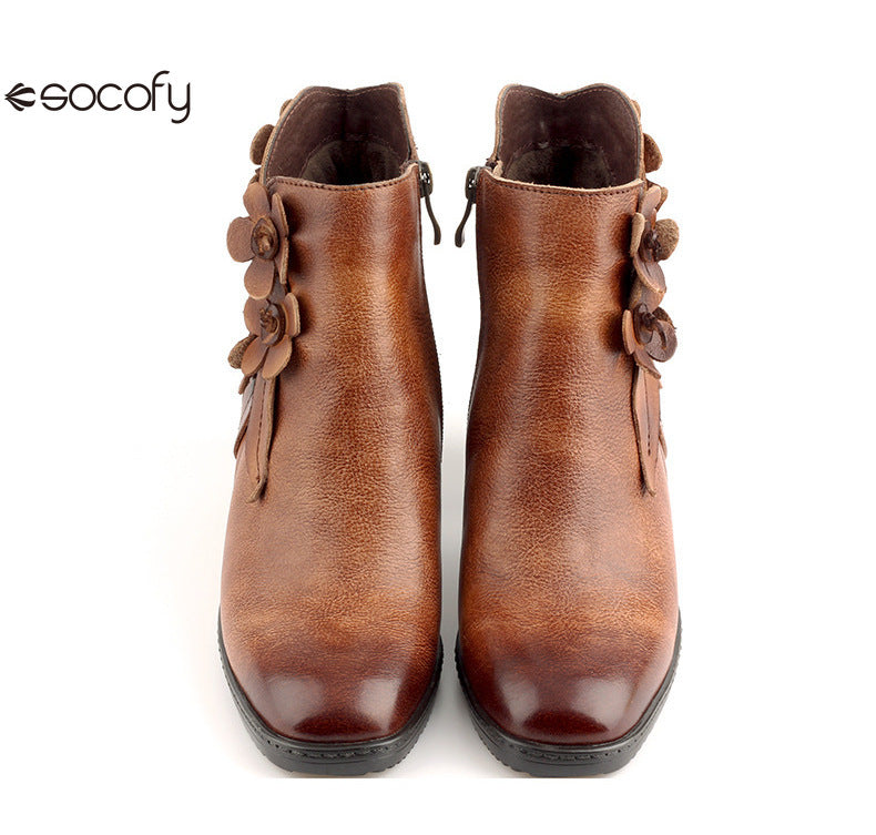 Socofy Genuine Leather Handmade Square Toe Vintage Handmade Flower Boots Woman