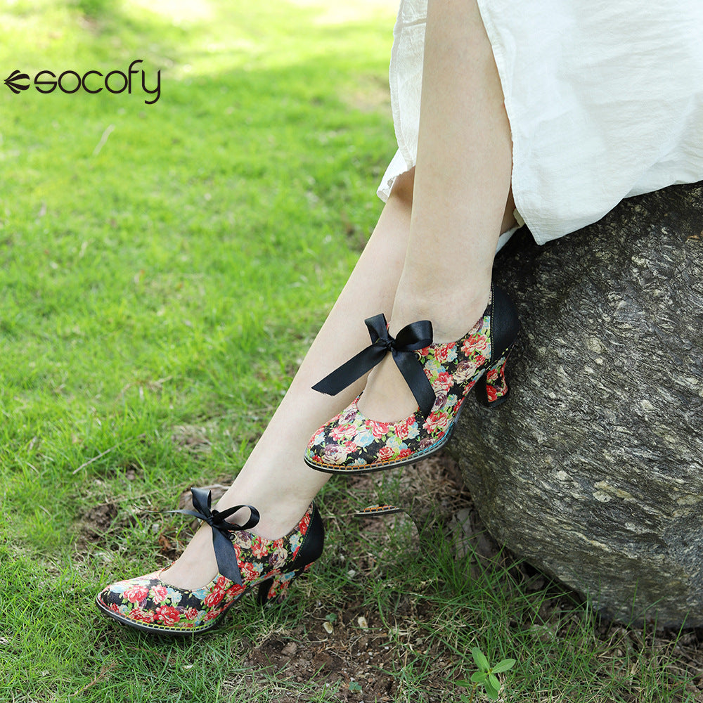 Socofy Vintage Rustic Broken Flower Strappy Bow High Heels