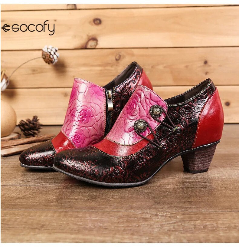 SOCOFY Genuine Leather Ethnic Style Pumps