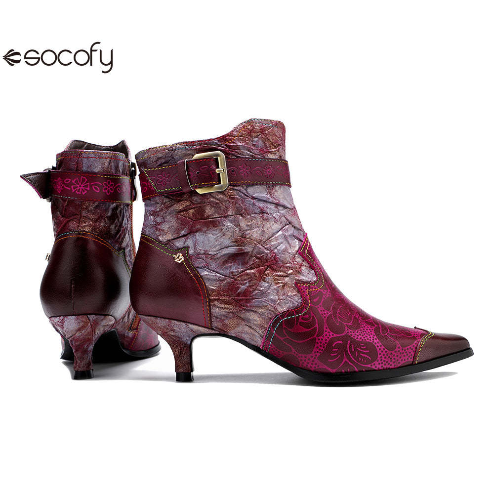 Socofy Leather Printed Patchwork Belt Buckle Slim Heel Women's Boots