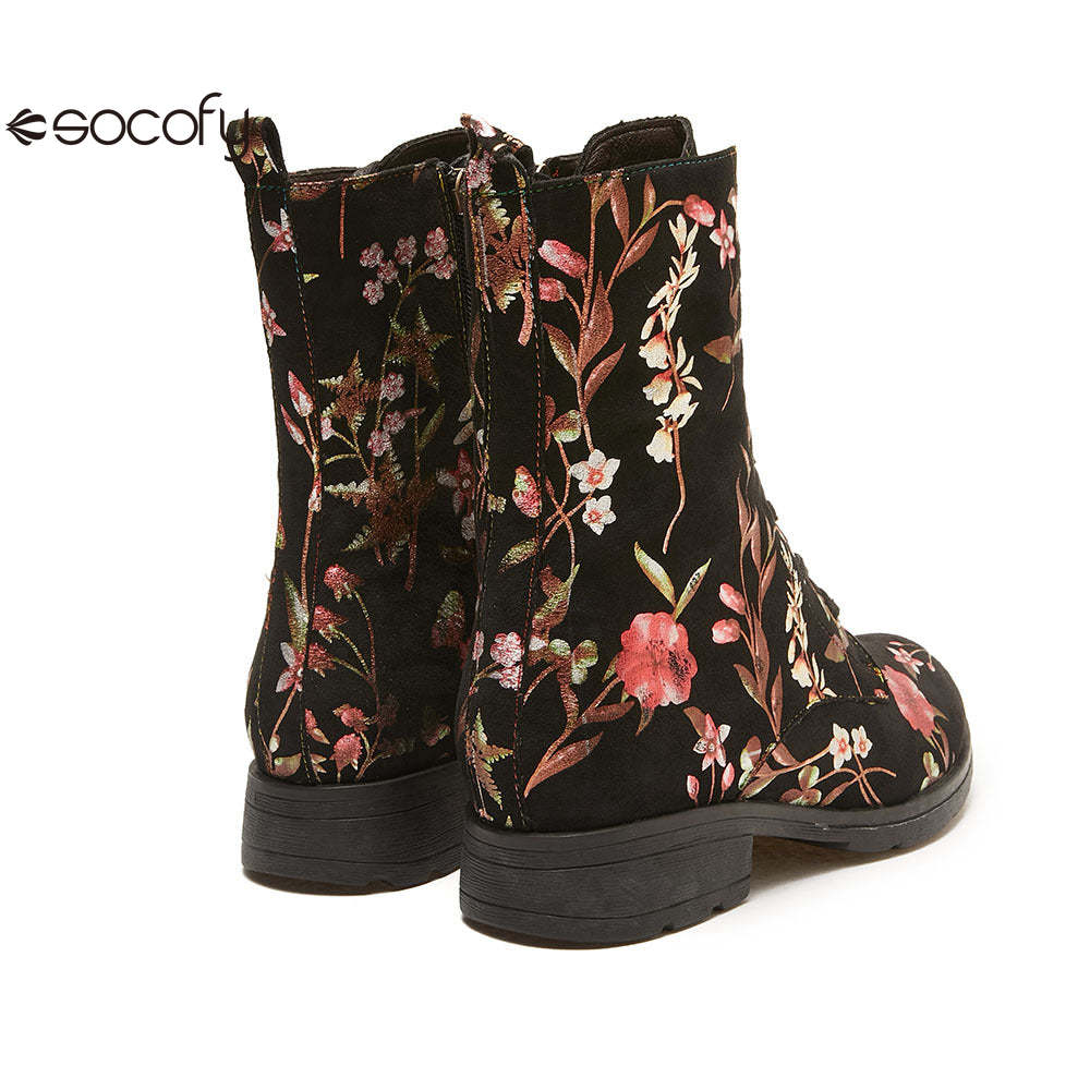 Socofy Autumn and winter warm and wear-resistant mid-calf round-toe cowhide leather fashion boots