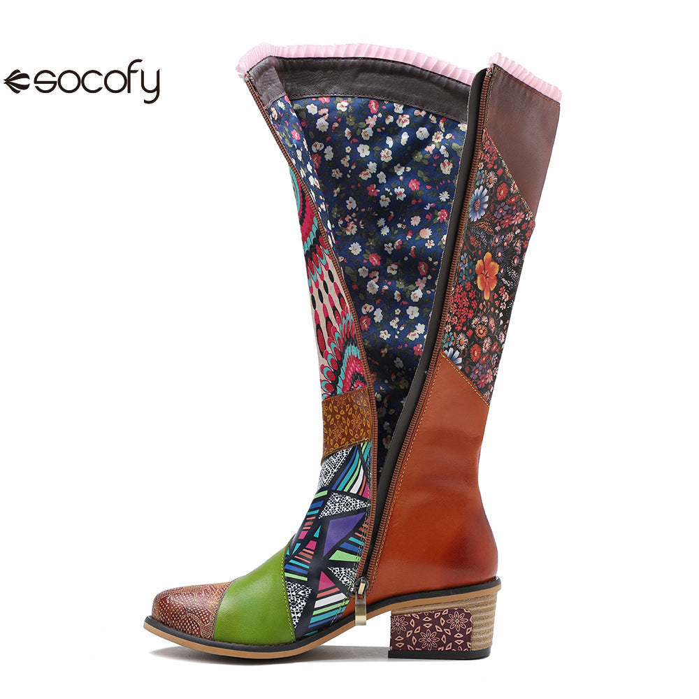 Socofy Genuine Leather Casual Vintage Boots Warm Knee Long Boots