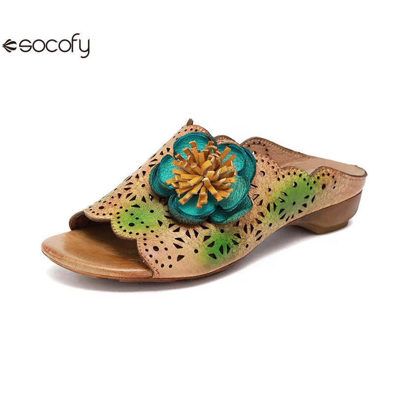 SocofyGenuine Leather Outside Slides Floral Leisure Retro Handmade Sewing Lady Slipper