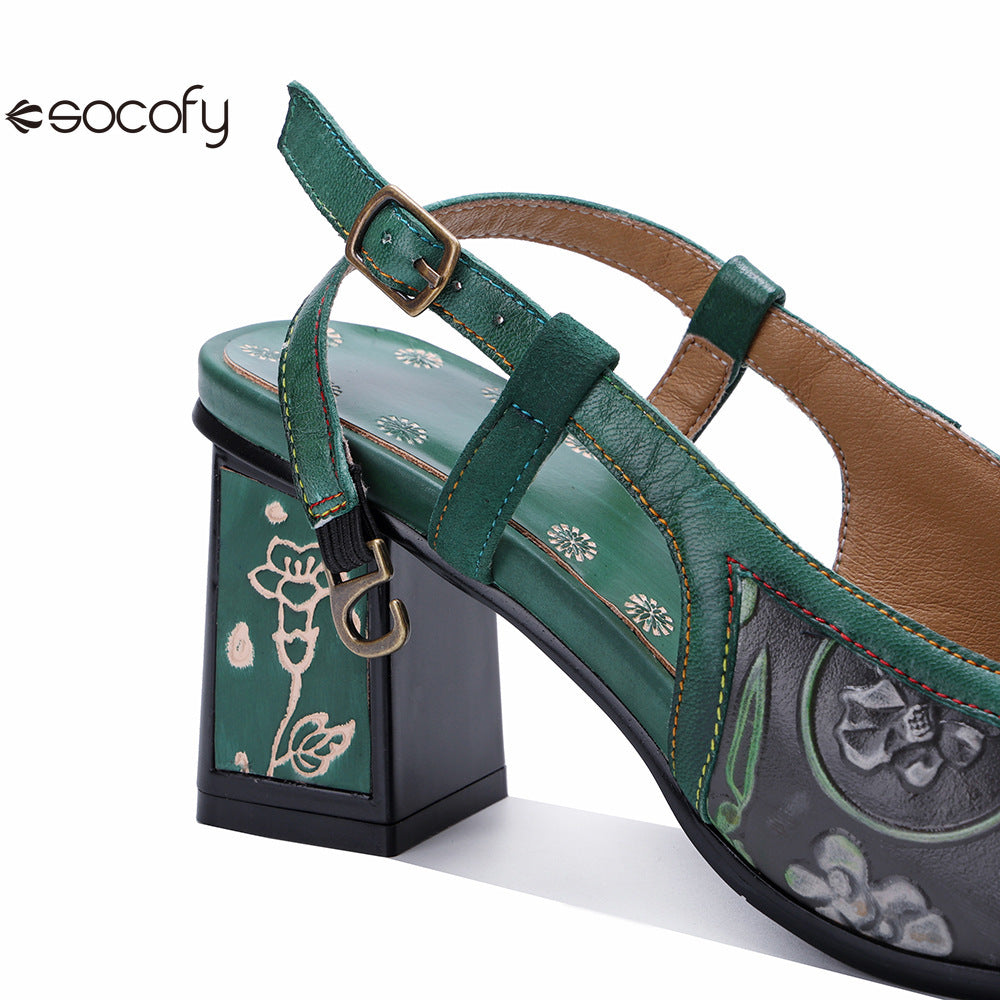 Socofy Handmade Leather Cubic Embossed Heeled Sandals