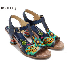 Socofy Genuine Leather Hand-painted Retro Contrast Comfortable High Heeled Sandals