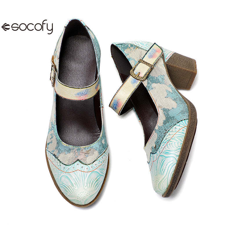 Socofy Vicconfy Retro genuine Leather Women's Mary Jane Heel