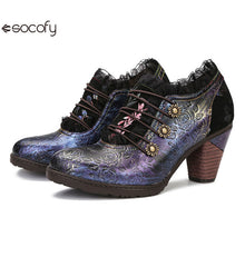 Socofy Vicconfy Genuine Leather Lace Trim Vintage Floral Illusion Heels