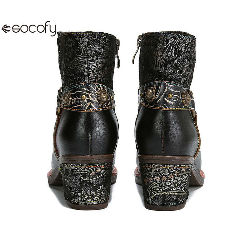 Socofy Vicconfy Ethnic Women's Leather Boots Side Zipper Fashion Boots