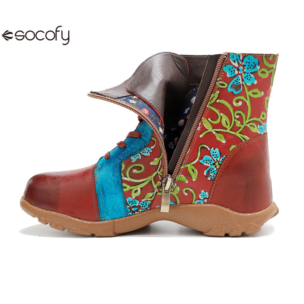 Socofy Vicconfy Handmade Leather Print Ankle Boots