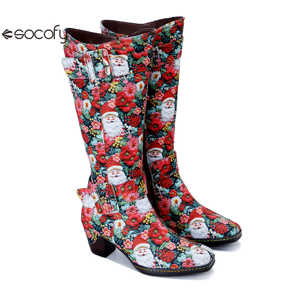 Chrismas Exclusive｜Socofy Vicconfy Vintage Print Casual Chunky Heel Comfort High Boots