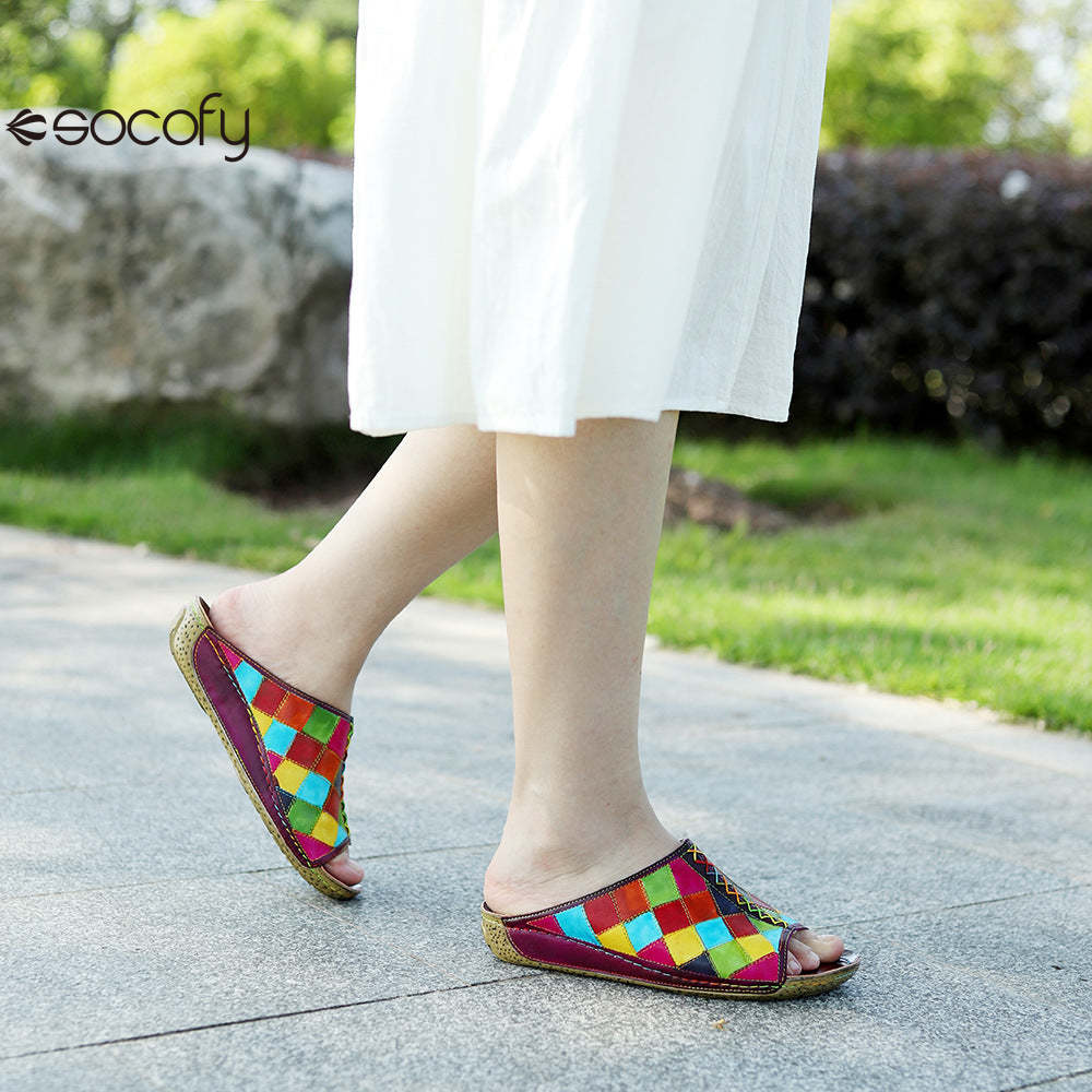 Socofy new summer style genuine leather retro plaid comfortable flat women's slippers