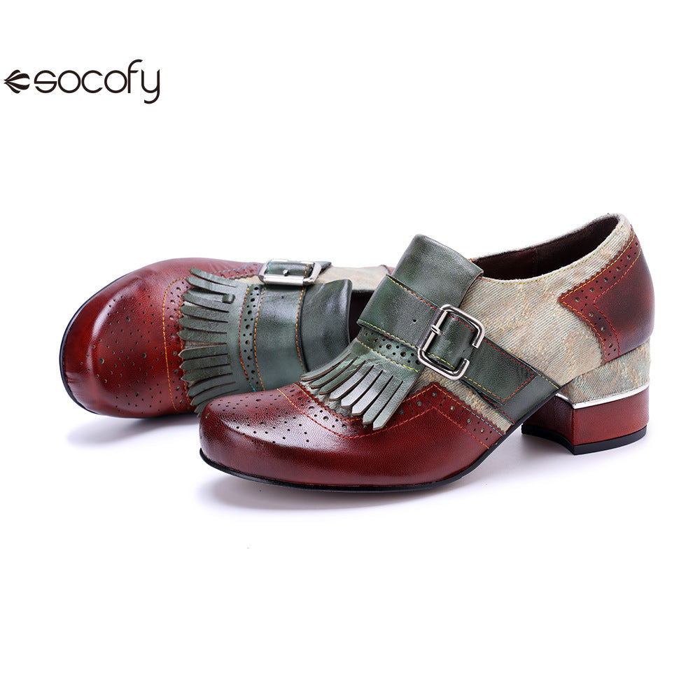 Socofy Genuine leather vintage brogue tassel side zipper Pupms