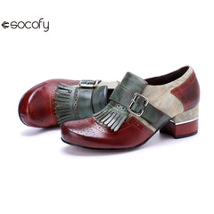 Socofy Genuine leather vintage brogue tassel side zipper Pupms