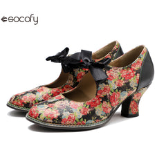 Socofy Vintage Rustic Broken Flower Strappy Bow High Heels