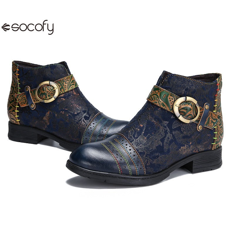 SOCOFY Genuine Leather Ethnic Style Round Toe Belt Buckle Handmade Embossing Short Boots