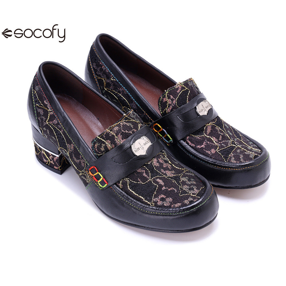 Socofy Leather Patchwork Comfortable Chunky Heeled Loafers Shoes