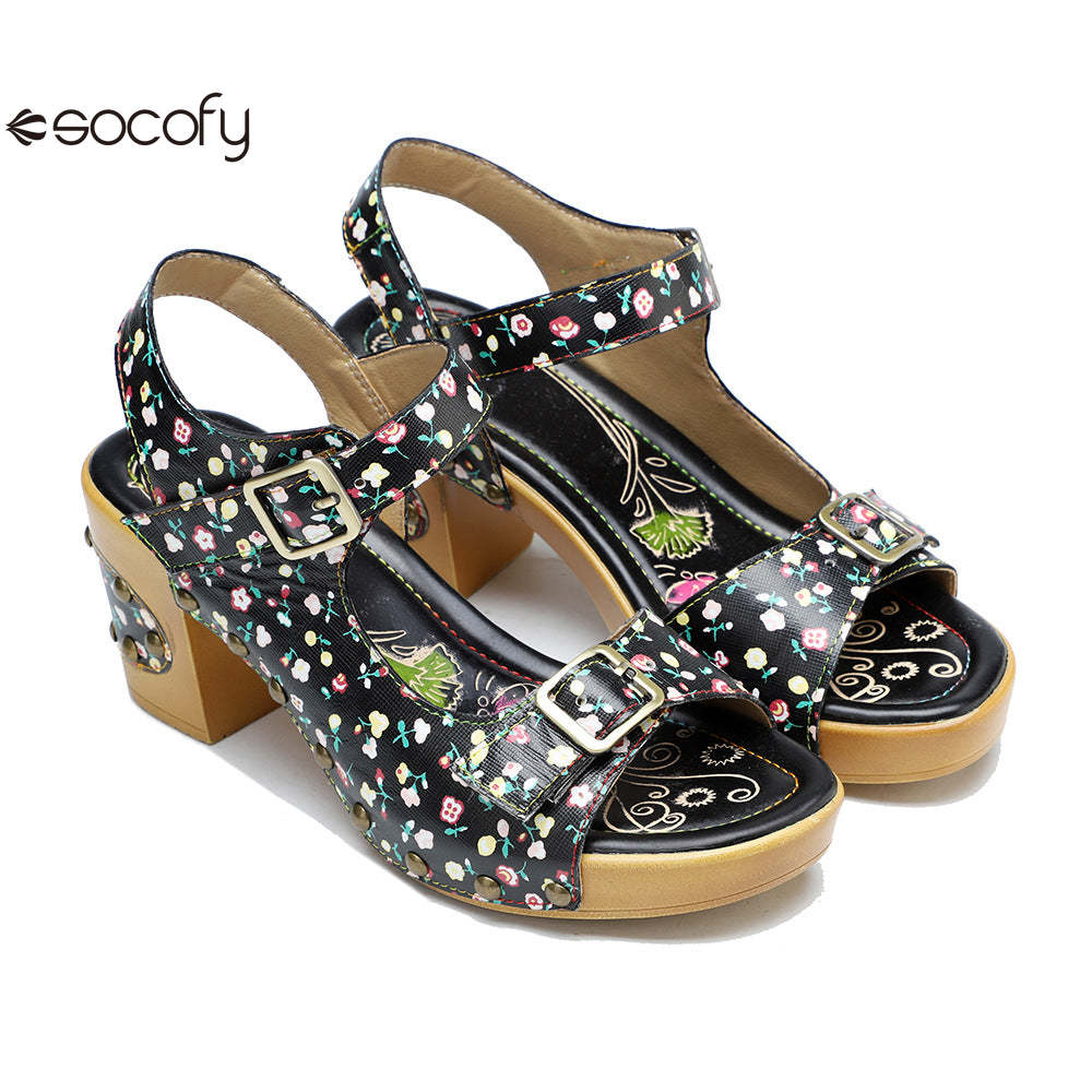 Socofy Leather Vintage Floral American Rustic Heeled Sandals