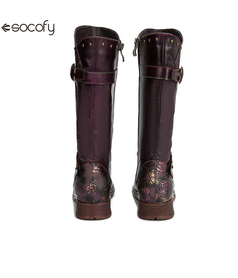 Socofy Vicconfy Side Zipper Vintage Floral Flat Heel Long Boots