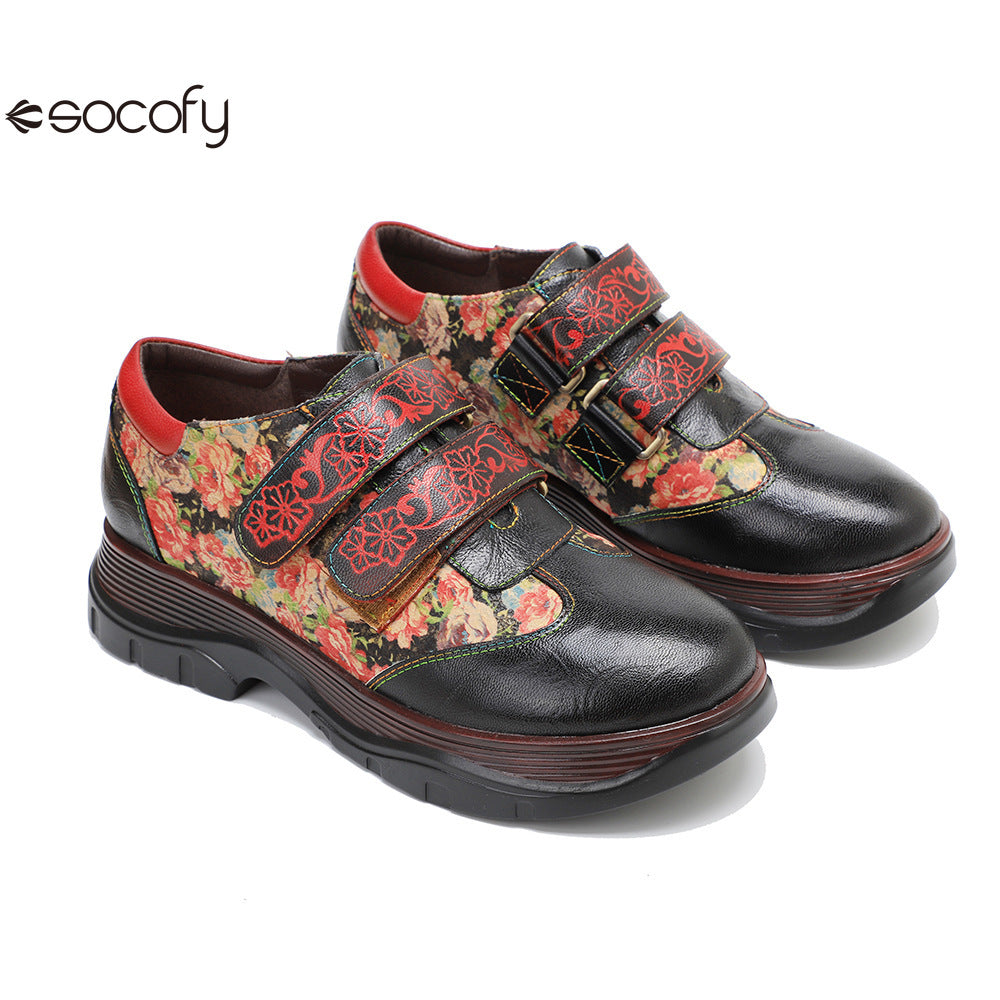 Socofy Vicconfy Genuine Leather Retro Printed Comfort Loafers