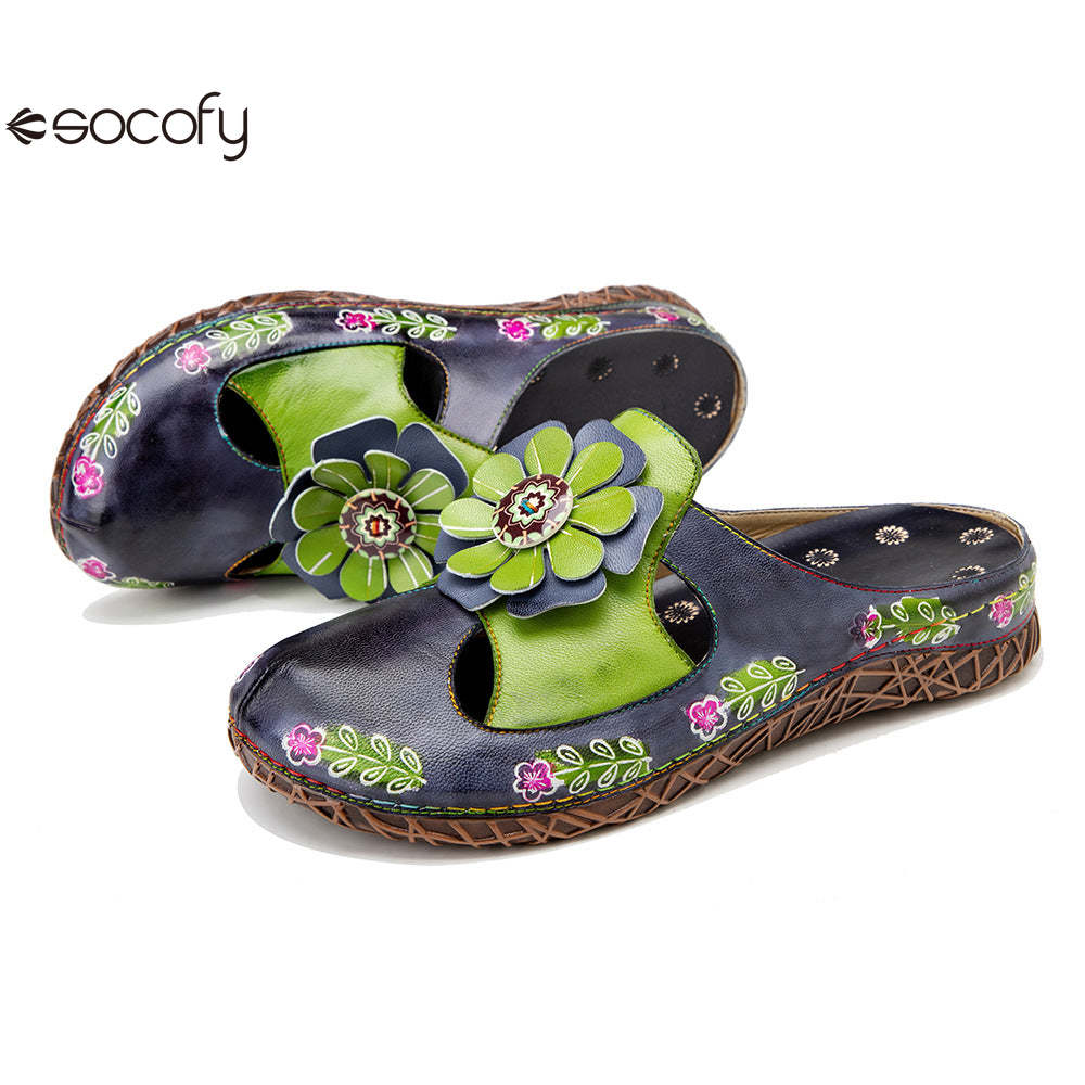 Socofy Flat Flower Daily Home Casual Back Heel Half Slippers Women