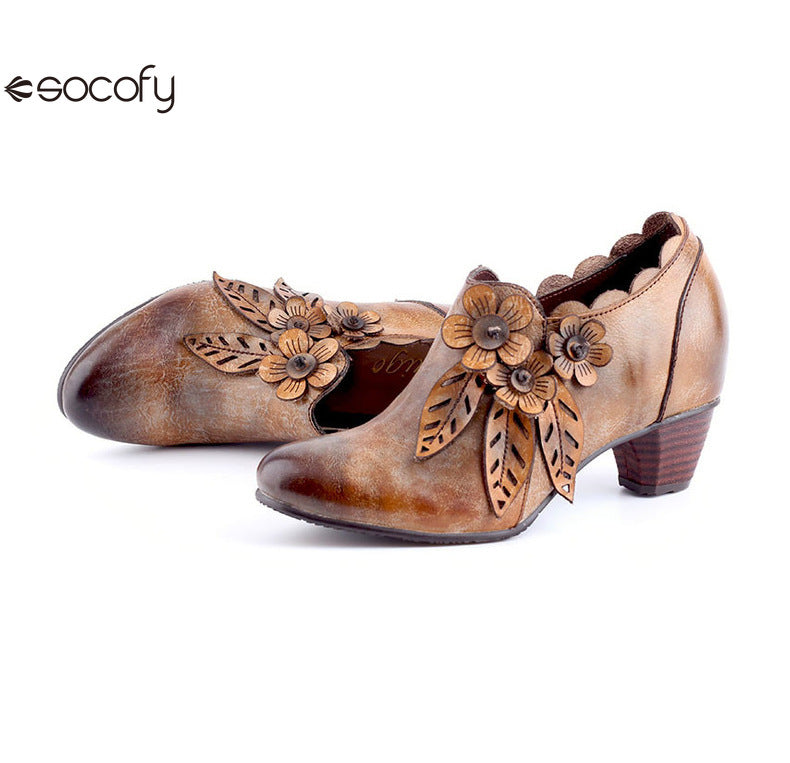 Socofy Genuine Leather Handmade Vintage Fashion Side Zipper High Heels Women's Shoes