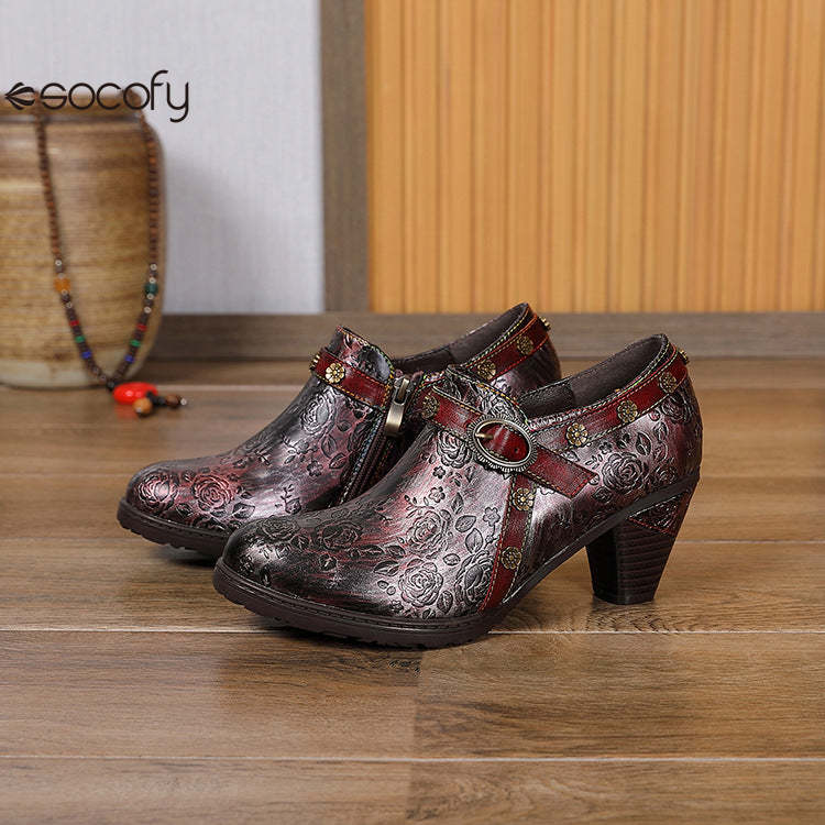 Socofy Ethnic style thick heel retro shoes pumps