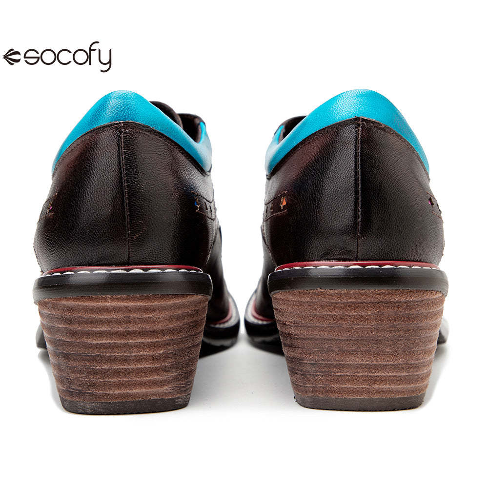 Socofy Leather Star Deco Lace Up Chunky Heel Single Shoes