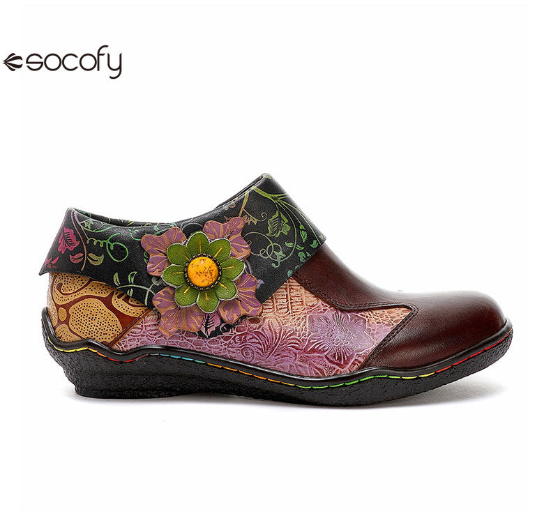 Socofy Vicconfy Ethnic Flower Leather Handmade Flat Shoes Low Heeled Single Shoes