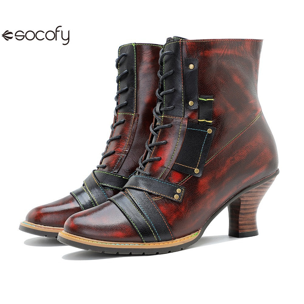 Socofy Leather Vintage Boots High Heeled Boots