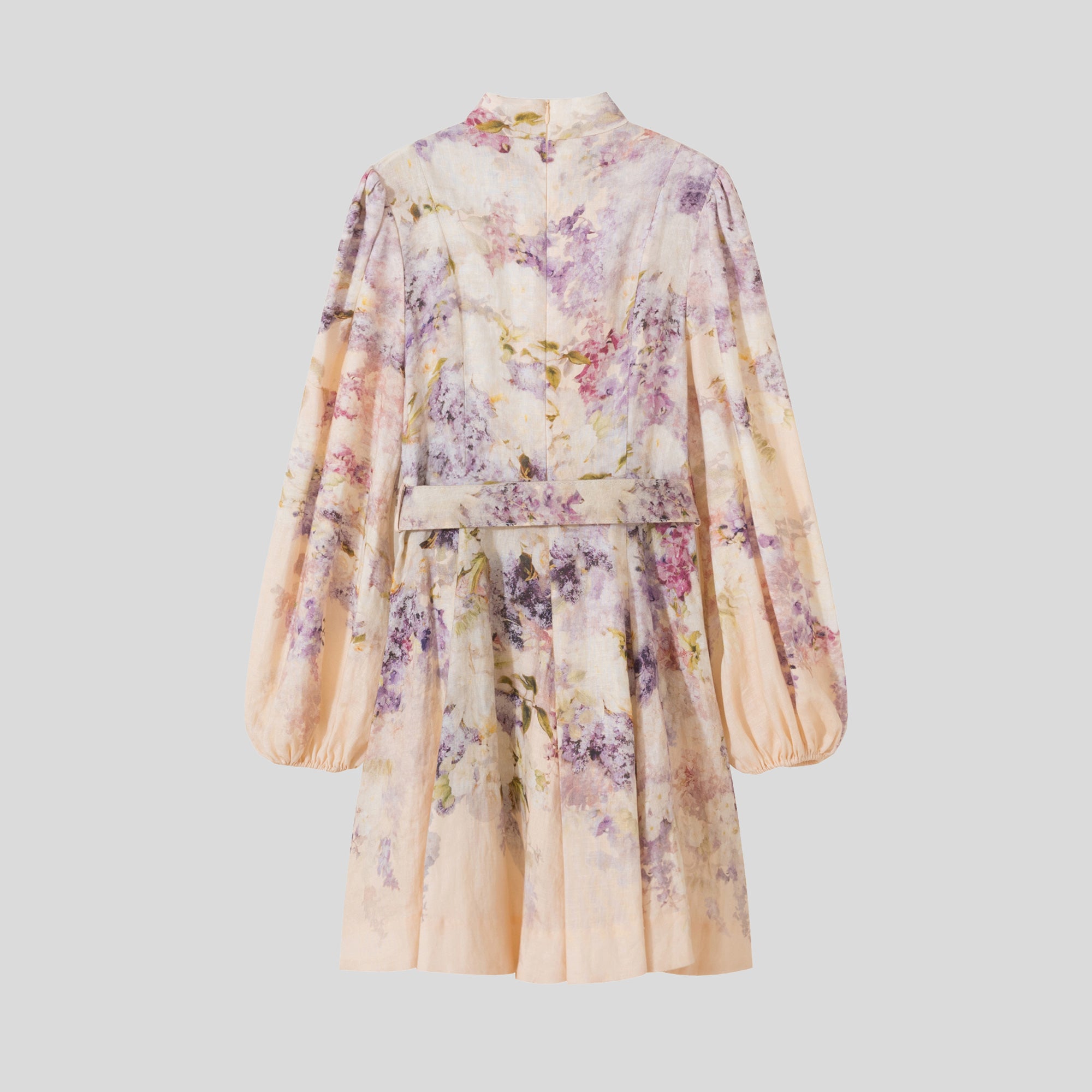 Stand collar X-shaped wide belt linen light purple printed dress