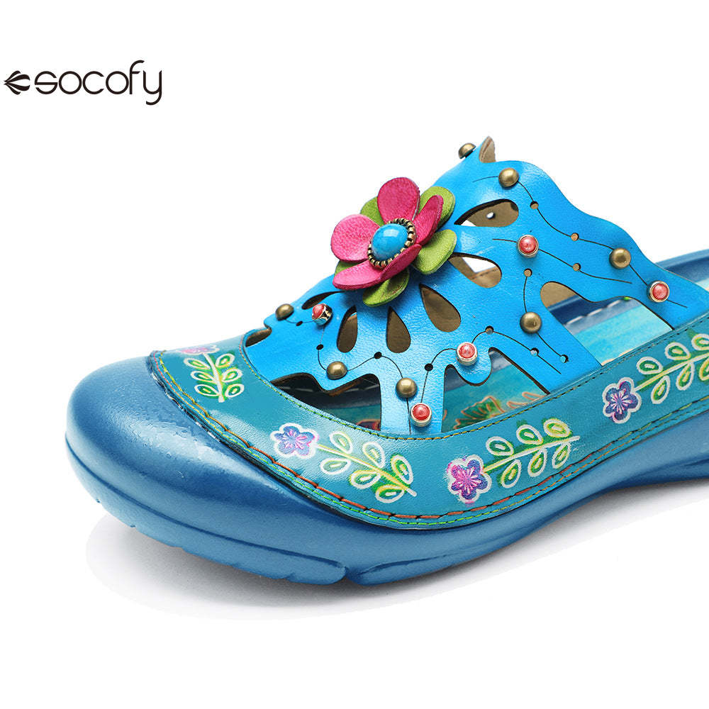 Socofy Genuine leather hand-rubbed vintage casual three-dimensional flower hollow comfortable shoes