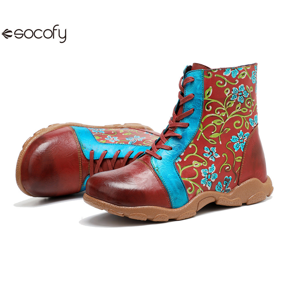 Socofy Vicconfy Handmade Leather Print Ankle Boots