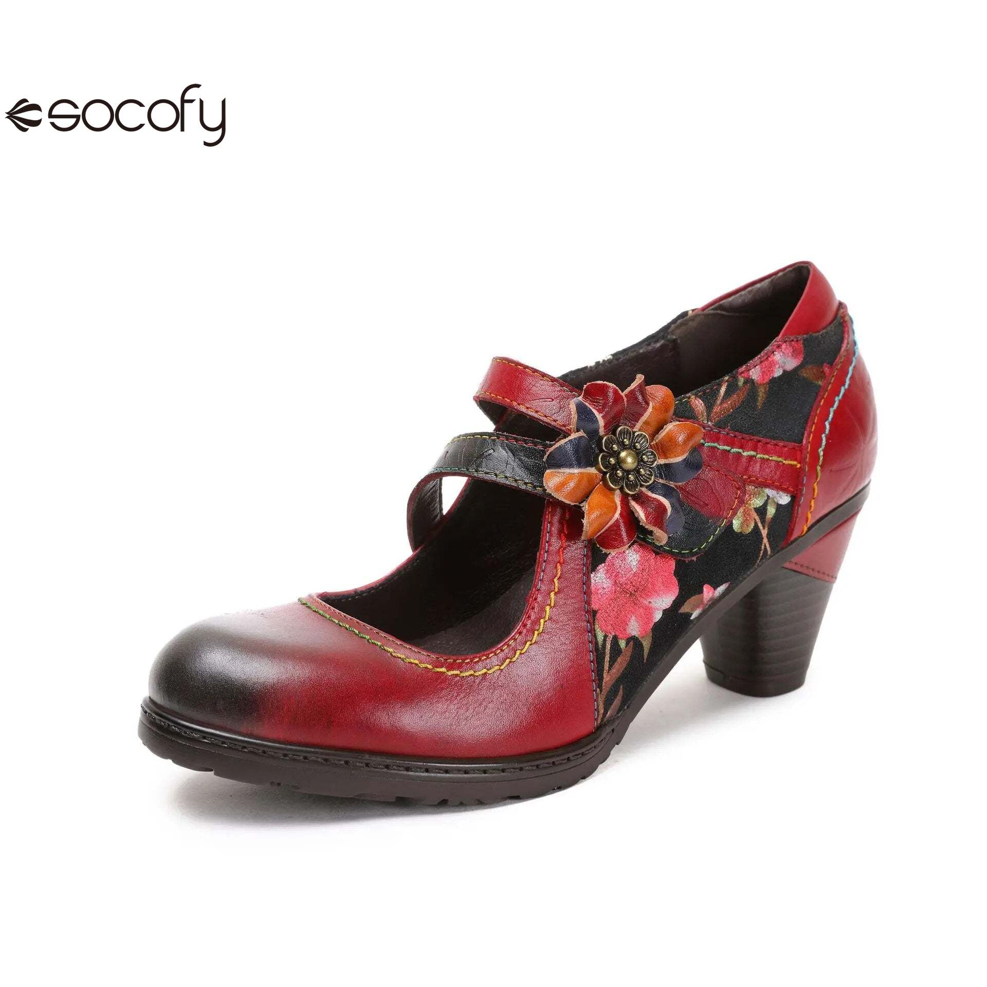 Socofy Vicconfy Colorful Stitching Painted Flower Spring Hook Loop Genuine Leather Spike Heels Round Toe Women Pumps