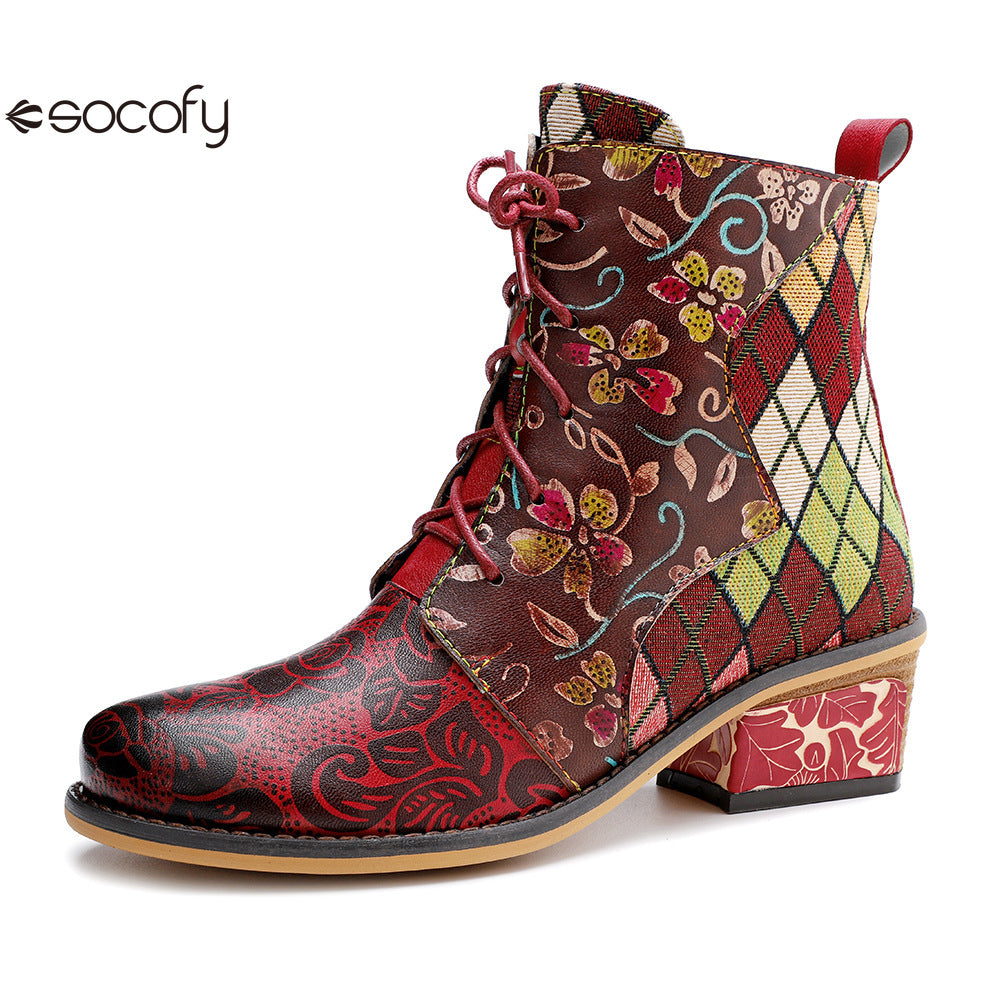 Socofy Vicconfy Genuine Leather Lace Up Cowboy Jacquard Colorblocking Ankle Boots