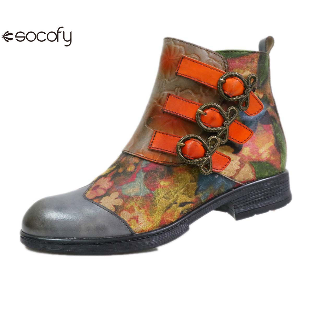 Socofy Low-top genuine leather brown round toe trendy women's fashion boots